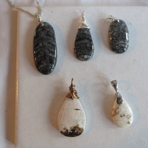 Orthoceras / Megnesite Gemstone Necklaces, pendant, necklace, wire wrapped, Orthoceras, fossil, megnesite
