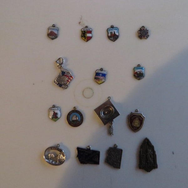 Travel Shield Charms, travel, Vintage, Charms, Wien, Saltzburg, Ladies Auxillary FVW, Flag, Oberammergau, Luzern, Prien, Nassau