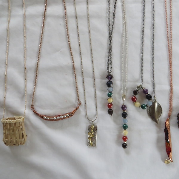 Assorted Necklaces, necklace, chakra, basket, woven, copper, gold, gunmetal, faux pearl, brass