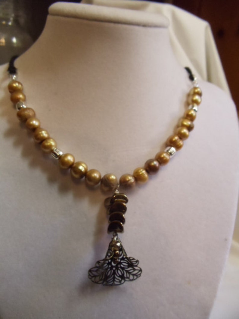 beaded necklace gold 18 14 Gold Pearls and Silver Beaded Necklace with Gold Flower and Bronze Nuggets bronze pearl flower