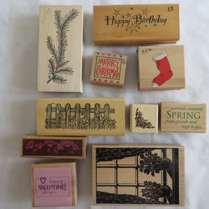 Variety of Rubber Stamps, rubber stamps, fence, valentine&#39;s day, happy birthday, spring, stocking, window, Merry Christmas, pine branch