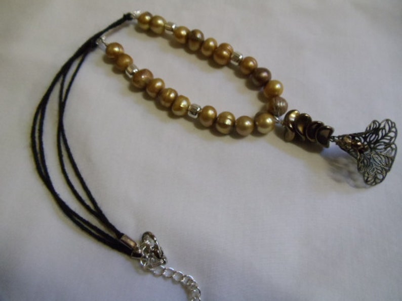 beaded necklace gold 18 14 Gold Pearls and Silver Beaded Necklace with Gold Flower and Bronze Nuggets bronze pearl flower