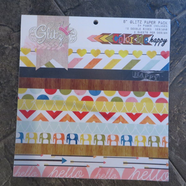 8 "x 8", Glitz Paper Pack, Color Me Happy, 12 doppelseitige Designs, Glitter, doppelseitig