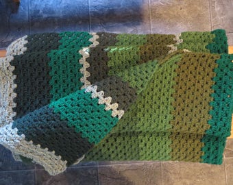 54" x 51" Crocheted Blanket - Green, Afghan, Blanket, Crocheted, Granny