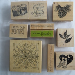 Variété de timbres en caoutchouc, tampons en caoutchouc, sympathie, floraison frêne, pomme de pin, appareil photo, moment de la capture, chats, la Saint-Valentin, tu es aimé