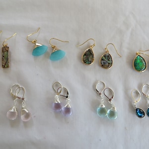 Variety of Earrings, earrings, dangle, abalone, frosty, abalone shell, hammered, Boho, wire wrapped, peacock, green opal, aqua jade
