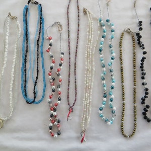 Variety of Necklaces, necklace, seed bead, pink ribbon, pearl, crocheted, awareness