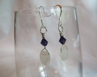 dangle Crackle Rock Crystal Earrings on Silver Ear Wires with Dark Purple Bicones earrings crystal crackle purple bicones