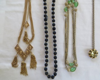 Variety of Vintage Necklaces, necklace, Sarah Coventry, tassle, gold, navy, satin, pin, vintage