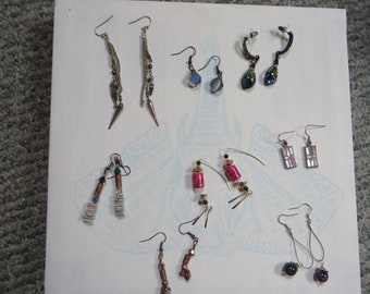 Variety of Earrings, earrings, dangle, leather, shell, fuscia, shoe buttons, lavender, copper, crystal