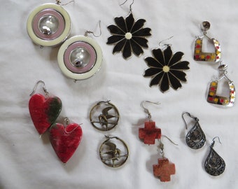 Variety of Dangle Earrings, round, flower, square, heart, cross, gunmetal, dove, bird, plumeria, salmon