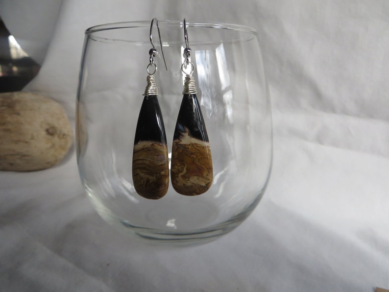 root dangle gemstone wire wrapped petrified palm root earrings Petrified Palm Root Fossil Earrings