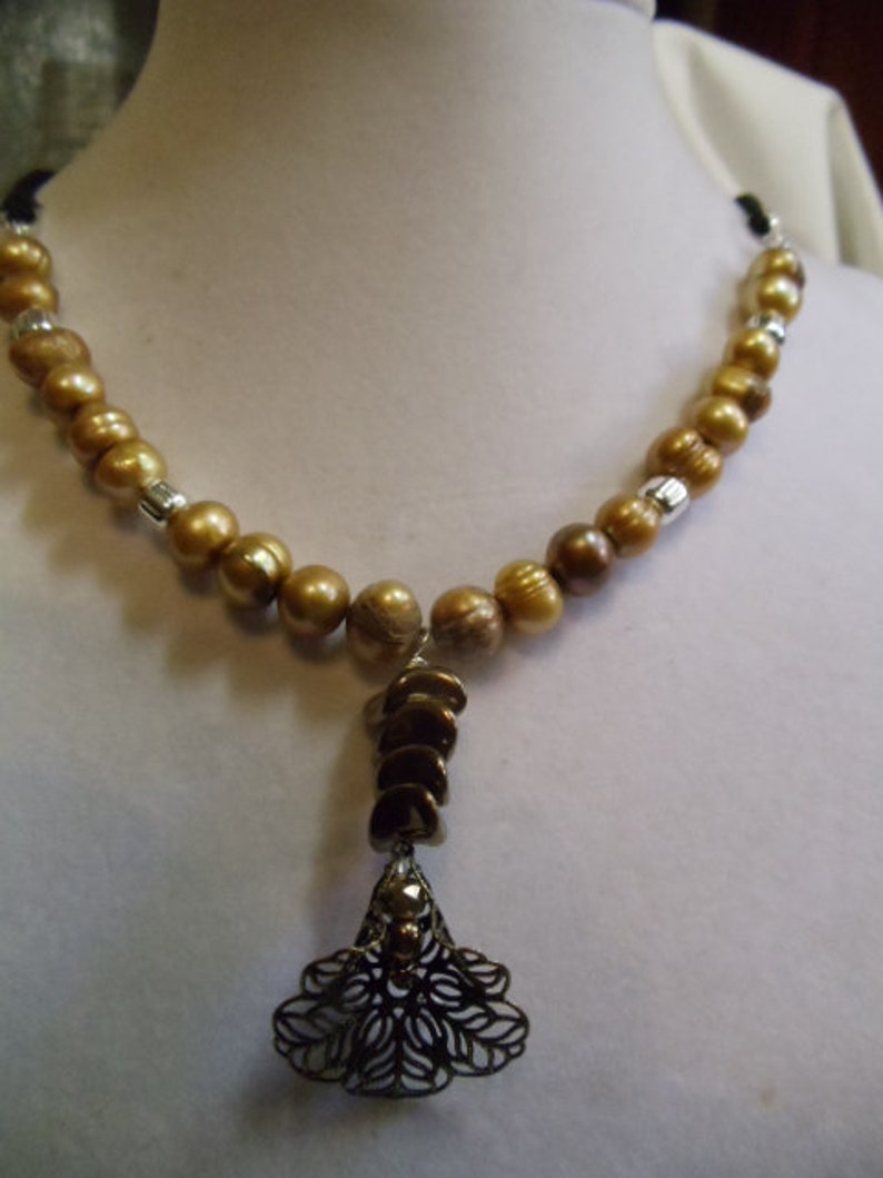 beaded necklace gold 18 14 Gold Pearls and Silver Beaded Necklace with Gold Flower and Bronze Nuggets bronze pearl flower
