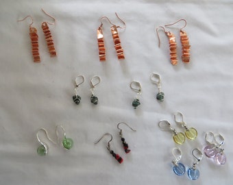 Variety of Earrings, earrings, dangle, glass, ball, copper, shell, vial, colored glass, emerald, wire wrapped, memory, ashes, perfume