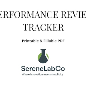 Puede incluir: Gráfico blanco con el texto "PERFORMANCE REVIEW TRACKER" y "PDF imprimible y rellenable". Debajo, un logotipo con un diseño de matraz y el texto "SereneLabCo Where innovation meets simplicity".