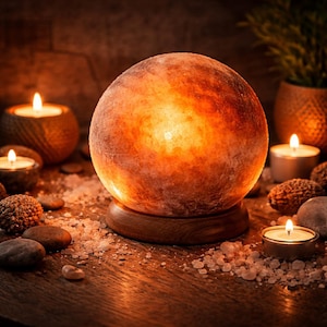 Lámpara de sal del Himalaya esférica de 1 a 2 kg, lámpara de sal redonda gris, luz nocturna ámbar, decoración para meditación, regalo de bienestar para dormitorio y spa, purificador de aire