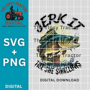 May include: Digital SVG and PNG file featuring a detailed illustration of a fish leaping out of water, with the text "Jerk It" above and "The Tipsy Tractor" and "The Smallmouth" below. The design includes a tractor logo.