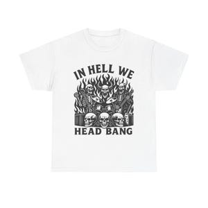 Maglietta unisex Heavy Metal - &quot;In Hell We Head Bang&quot; - Maglietta per amanti della musica, regalo per fan del rock, outfit da concerto, abbigliamento per Halloween, stile festival