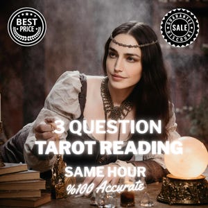 Puede incluir: Imagen promocionando un servicio de lectura de tarot. El texto dice "3 QUESTION TAROT READING SAME HOUR %100 Accurate". Se muestra una mujer con cabello oscuro y un collar decorativo. También se ve una bola de cristal y sellos de "Best Price" y "Sale".
