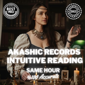 Könnte beinhalten: Ein Bild, das intuitive Lesungen der Akasha-Chronik bewirbt. Eine Frau mit langen dunklen Haaren und einer dekorativen Halskette hält eine Tarotkarte. Der Text auf dem Bild lautet "Akashic Records Intuitive Reading, Same Hour, %100 Accurate". Es gibt auch "Best Price" und "Sale Discount" Abzeichen.