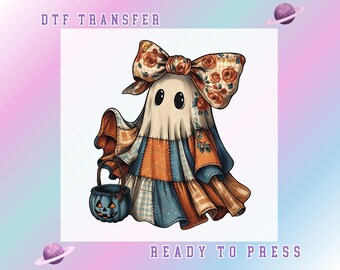 Cute Patchwork Ghost Coquette Bow and Pumpkin Halloween DTF Transfer, Spooky Season Halloween Patchwork Ghost Trick or Treat Ready to Press