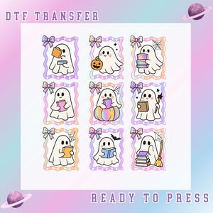 May include: DTF transfer sheet featuring nine cartoon ghosts, each within a decorative frame. The ghosts hold books, pumpkins, and magic wands. The frames have pastel colors and bows. The words "DTF TRANSFER" and "READY TO PRESS" are at the top and bottom.