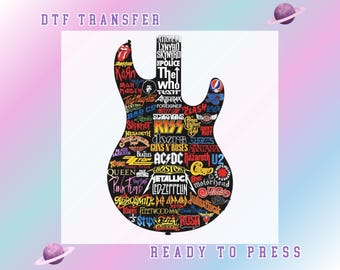 Rock Band Guitar Collage DTF Transfer: Vintage Metal Music Logos Guitar Ready To Press