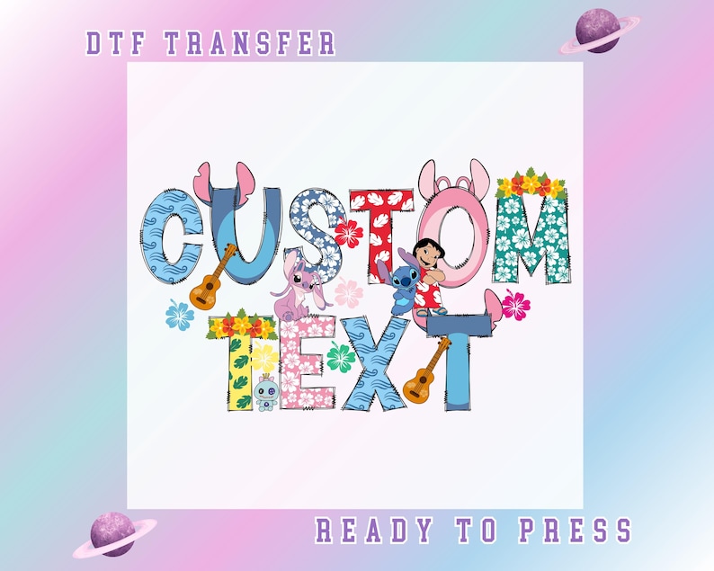 Custom text DTF transfer with colorful letters, perfect for personalized shirts and DIY heat press projects.