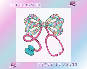 Preppy Floral Coquette Bow Nurse DTF Transfer: Stethoscope Medical Ready To Press