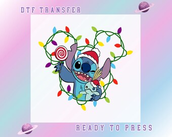 Lilo and Stitch Christmas Lights DTF Transfer, Cute Disney Character Ready to Press, Disney Stitch Shirt, Disney Christmas DTF Print, dtf