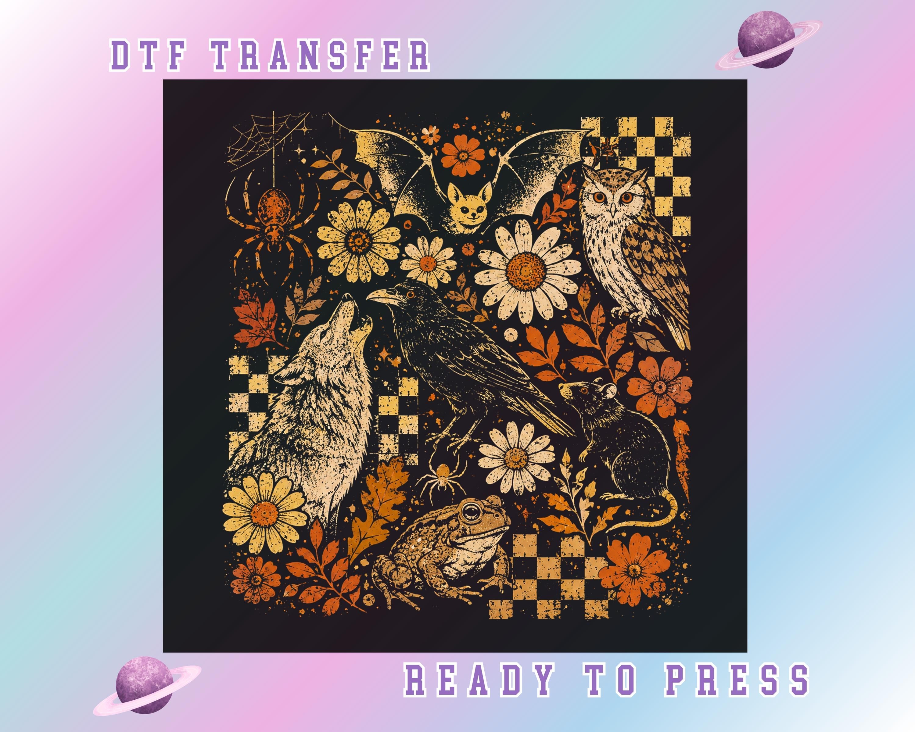 Spooky Animals Halloween DTF Transfer, Raven Owl Wolf Bat Toad Dark Floral Gothic Fall Shirt Design,