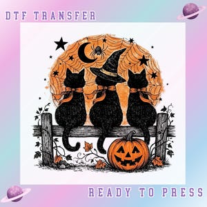 May include: A DTF transfer sheet featuring a graphic of three black cats sitting on a wooden fence. The centre cat wears a witch hat. Behind them is a large orange moon with a spider web, a crescent moon, and stars. A jack-o'-lantern sits below.