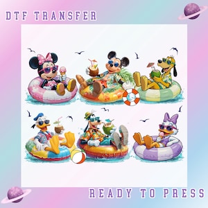 May include: DTF transfer featuring six cartoon characters, including Mickey and Minnie Mouse, Donald Duck, Goofy, Pluto, and Daisy Duck, relaxing on inflatable rings. Each character is wearing sunglasses and enjoying tropical drinks. The words "DTF TRANSFER" and "READY TO PRESS" are at the top and bottom.