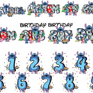 May include: A collection of colorful graphic designs featuring the character Stitch from Disney's Lilo & Stitch. Designs include words like "Grandpa", "Custom", "Sis", "Bro", "Mom", "Girl", "Boy", and "Dad", along with numbers 1-9.