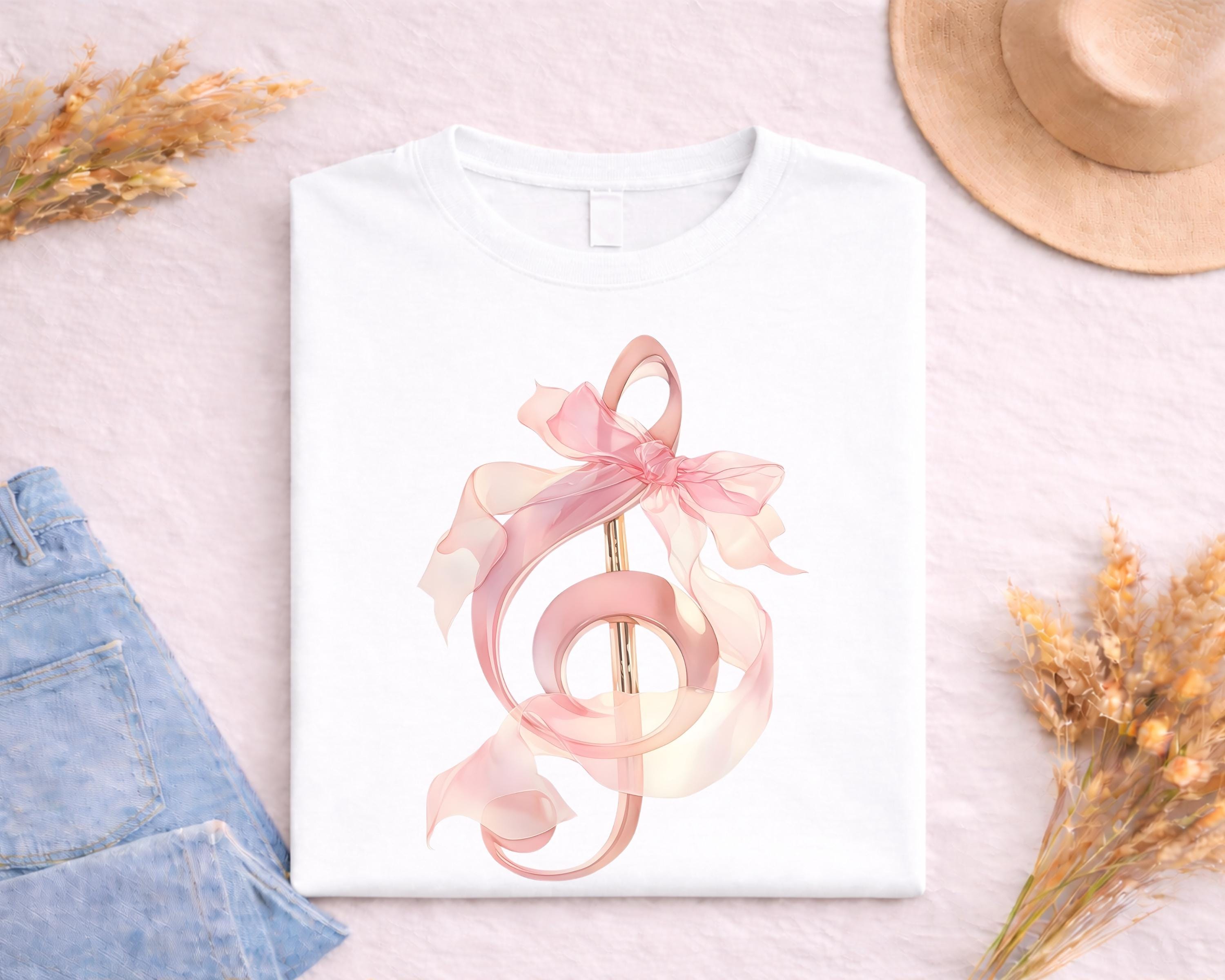 Trebl Ribbon Music Note Bow DTF Transfer Ready to Press, Pink Treble Clef Ribbon ...