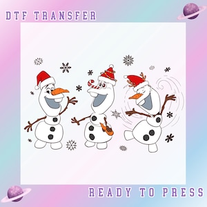 May include: DTF transfer of three snowmen wearing Father Christmas hats, with snowflakes. The snowmen have carrot noses and stick arms. The text "DTF TRANSFER" and "READY TO PRESS" are at the top and bottom.