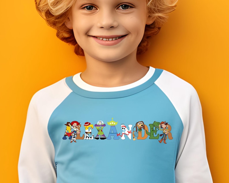 Ready to press Toy Story DTF Transfer showing Woody, Buzz, Jessie, and friends in a fun custom name design for Halloween or birthdays.