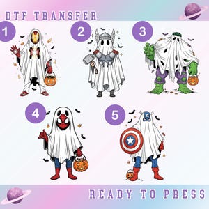 May include: DTF transfer designs featuring superheroes dressed as ghosts for Halloween. Iron Man, Thor, Hulk, Spider-Man, and Captain America are depicted in white ghost costumes, each holding a jack-o'-lantern. The phrase "READY TO PRESS" is at the bottom.
