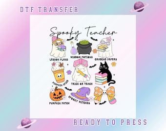 Transfert DTF Halloween effrayant professeur, salle de classe fantôme mignon prêt à presser, astuce de transfert de chemise de professeur Halloween ou enseignement chemise automne DTF
