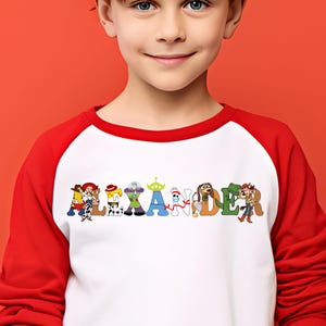 Personalized Disney Toy Story DTF Transfer with custom name letters decorated by Pixar characters, ideal for kids’ shirts.