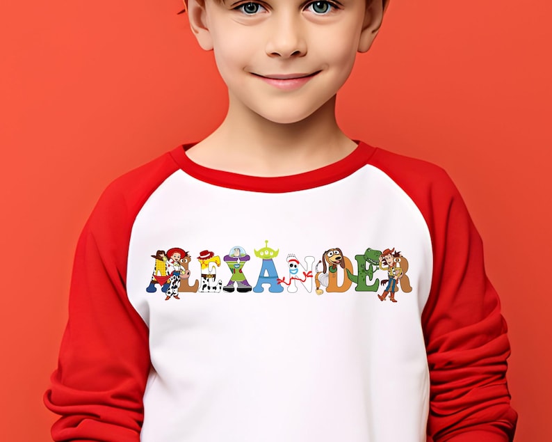 Personalized Disney Toy Story DTF Transfer with custom name letters decorated by Pixar characters, ideal for kids’ shirts.