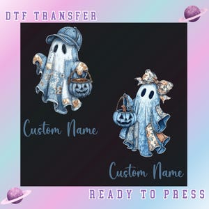 Halloween Custom Name Mickey Minnie DTF Transfer, Custom Name Halloween Ghost Ready to Press, Denim Patchwork Spooky Ghost Boy Girl Design