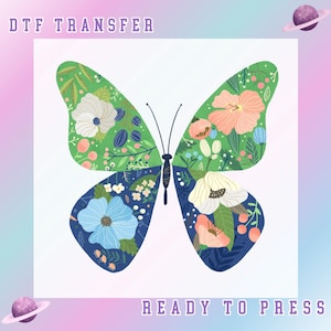 Transfert DTF floral papillon prêt à presser coloré printemps été jardin avec fleurs botanique nature esthétique papillon transfert de chaleur