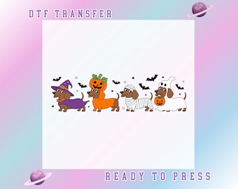 Halloween Dachshund Dogs DTF Transfer, Cute Witch Pumpkin Mummy Ghost Wiener Dog Trick or Treat Ready To Press Spooky Season Dog DTF Print