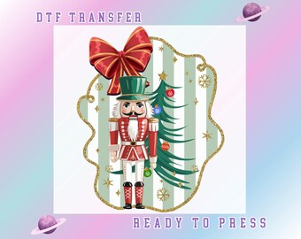 Nutcracker Christmas DTF Transfer: Holiday Soldier Green Stripe Gold Glitter Bow Ready To Press