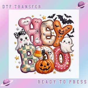 Hey Boo Ghost DTF Transfer, Cute Preppy Halloween Ghost Pumpkin Shirt Design, Patchwork Spooky Season, Ready To Press