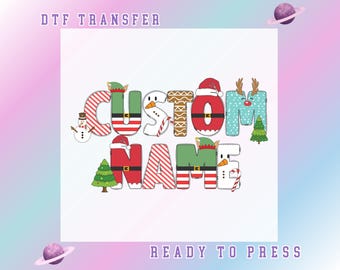 Custom Christmas Name DTF Transfer, Personalized Holiday Letter Design with Snowman, Santa, Reindeer & Tree, Ready To Press Heat Transfer