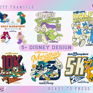 May include: A collection of six colorful DTF transfer designs featuring Disney characters and runDisney marathon themes. The graphics include Moana, Merida, Belle, Rapunzel, Dopey, Donald and Daisy Duck, Chip and Dale, Mickey and Minnie Mouse, and Pluto.