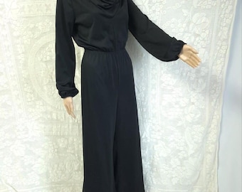 Boho Minimalist Vintage 1970s Draped Black Cowl Neck Wide Leg JUMPSUIT S / M