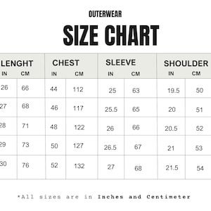 May include: A size chart for outerwear, with measurements in inches and centimeters. The chart includes sizes S to XXL, detailing length, chest, sleeve, and shoulder dimensions. The text "OUTERWEAR SIZE CHART" is at the top.